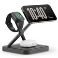 Multi-device charging stand with smartphone, smartwatch, and wireless earbuds on a white background