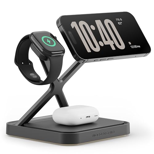 Multi-device charging stand with smartphone, smartwatch, and wireless earbuds on a white background