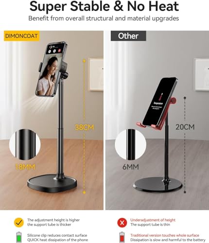 DIMONCOAT Ergonomic Aluminum Phone Stand – Height & Angle Adjustable Desktop Holder for iPhone 17, 16, 15 Pro Max, Samsung Galaxy S26, Ultra & Tablets