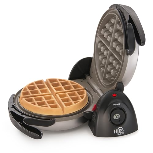 Waffle maker with a waffle inside on a white background