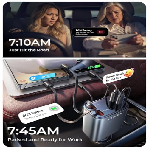 Two women in a car with a charging device and phone, showing battery levels.