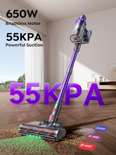 Purple and gray vacuum cleaner on a wooden floor with text highlighting power specifications.