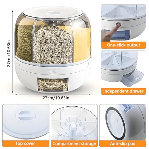 6-Grid Rotating Grain Storage Bin & Rice Dispenser | Large Capacity Moisture-Proof Food Organizer