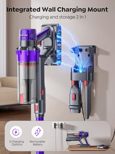 Handheld vacuum cleaner with wall charging mount on a neutral background