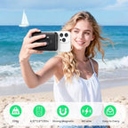 Woman taking a selfie on a beach with a phone, showing product features at the bottom.
