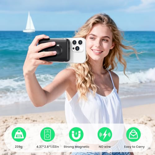 Woman taking a selfie on a beach with a phone, showing product features at the bottom.