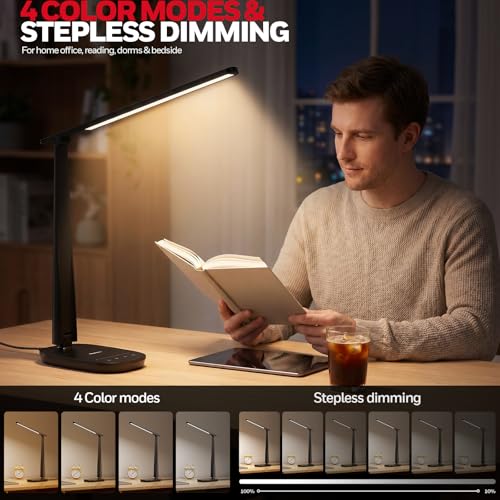 Man reading a book with a desk lamp on a table, highlighting 4 color modes and stepless dimming features.