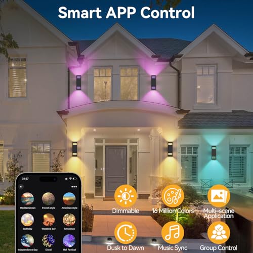 Zinola Outdoor Smart Wall Lights (2-Pack) - RGB Color Changing & Dusk to Dawn Sensor