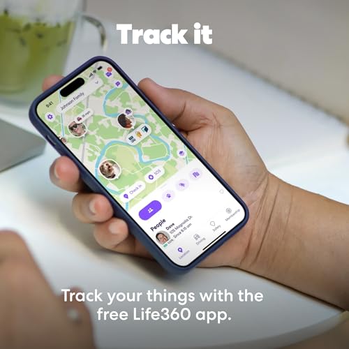 Hand holding a smartphone with the Life360 app displayed, with text 'Track it' and 'Track your things with the free Life360 app.'.