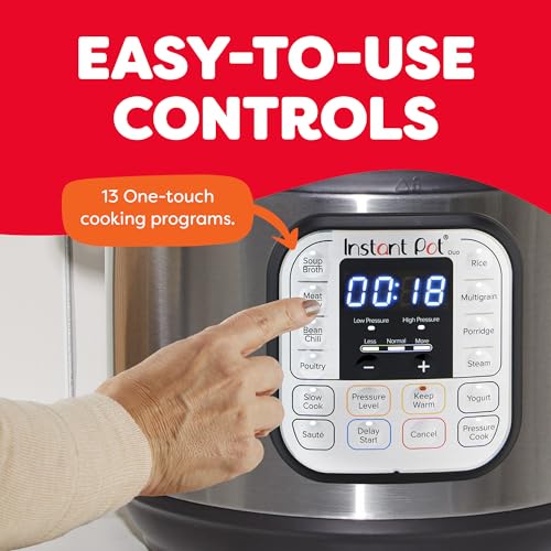 Instant Pot with digital display and control panel, showing 'EASY-TO-USE CONTROLS' text.